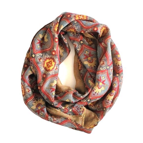 Red Blue Gold Rectangular Mosaic Print Patterned Scarf Holiday Retro Dressy - Picture 1 of 9